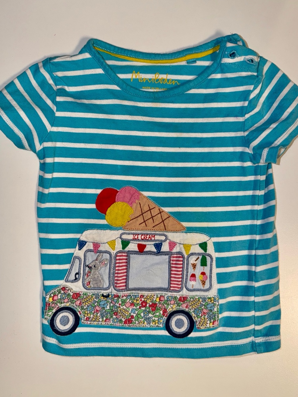 Mini Boden Teal & White Stripe Ice Cream Van Applique Tee